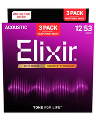 Elixir Acoustic 80/20 Bronze with Nanoweb Coating - 3 Pack - Limited Time Only