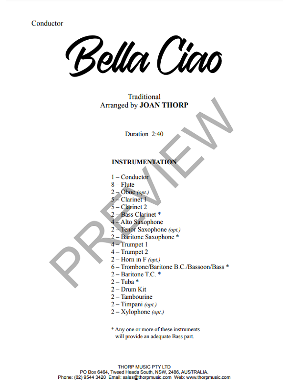 Bella Ciao, Joan Thorp Concert Band Grade 1.5 — Engadine Music