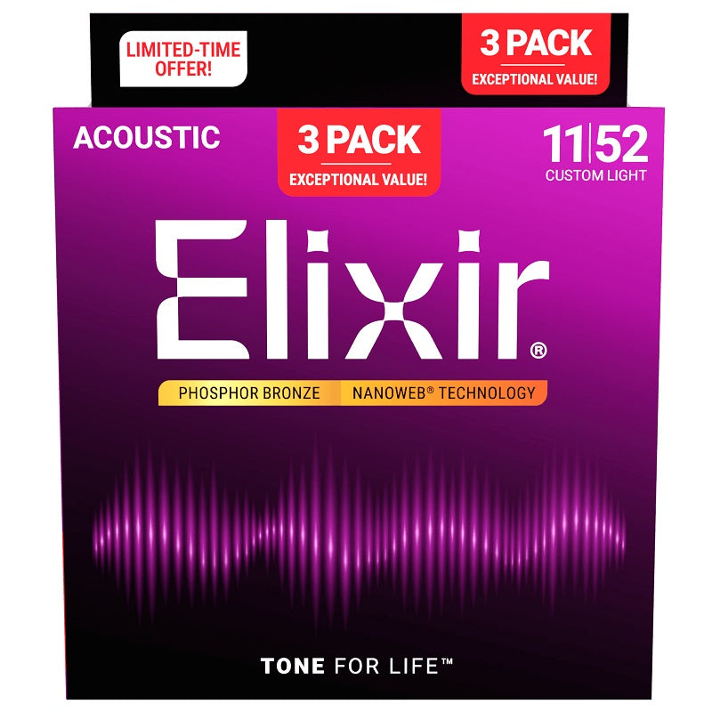Elixir Acoustic Phosphor Bronze with Nanoweb Coating Guitar String Sets - 3 Pack - Limited Time Only