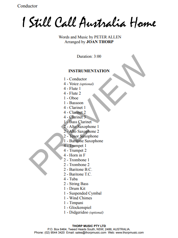 I Still Call Australia Home, Arr. Joan Thorp Concert Band Grade 2