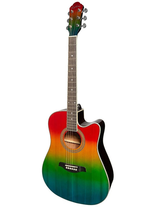 Martinez 4/4 Dreadnought Cutaway Acoustic-Electric Rainbow Guitar
