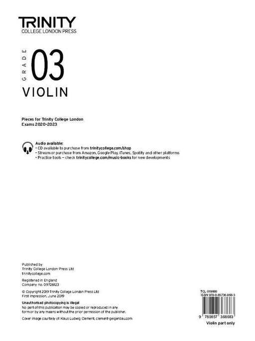 Trinity Violin Exam Pieces 2020-2023 Grade 3, Violin Part Only