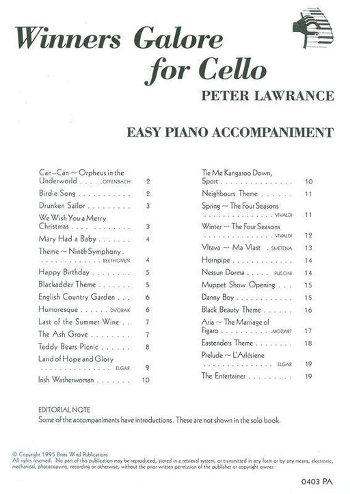 Winners Galore for Cello Piano Accompaniment-Strings-Brass Wind Publications-Engadine Music