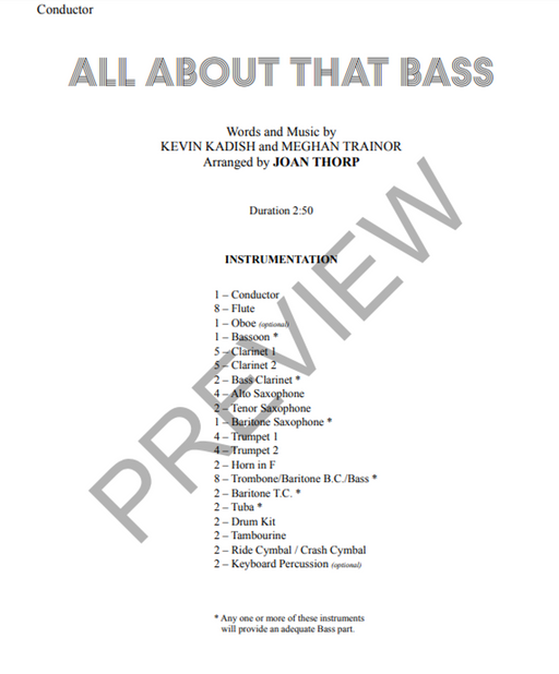 All About That Bass, Arr. Joan Thorp Concert Band Grade 1.5-Concert Band-Thorp Music-Engadine Music