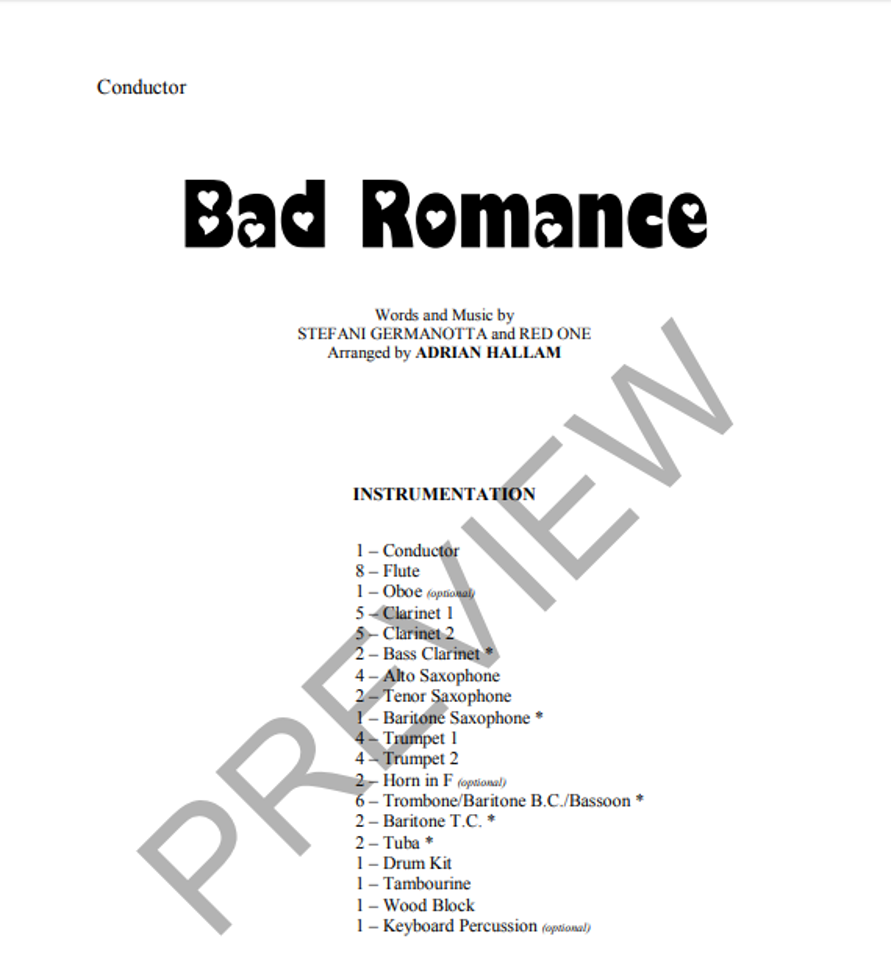 Bad Romance, Arr. Adrian Hallam Concert Band Grade 1.5-Concert Band-Thorp Music-Engadine Music