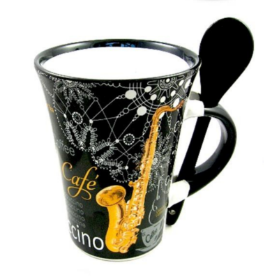 Cappuccino Mug with Spoon Saxophone Black-Homeware-Engadine Music-Engadine Music