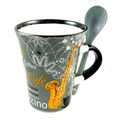 Cappuccino Mug with Spoon Saxophone Grey-Homeware-Engadine Music-Engadine Music