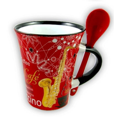Cappuccino Mug with Spoon Saxophone Red-Homeware-Engadine Music-Engadine Music