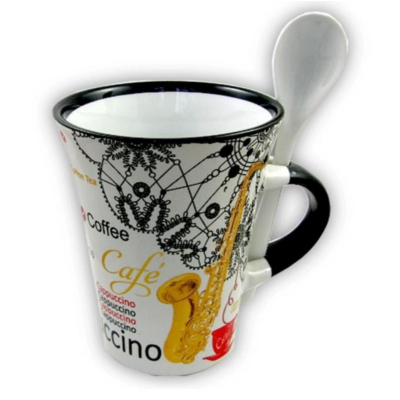 Cappuccino Mug with Spoon Saxophone White-Homeware-Engadine Music-Engadine Music
