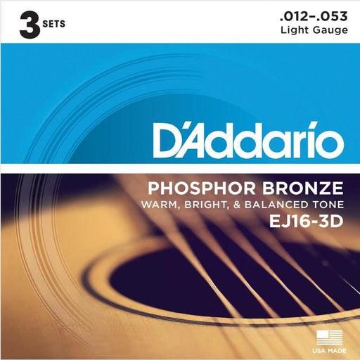 D'Addario EJ16 Phosphor Bronze Acoustic Guitar Strings 12-53 Gauge Three Pack-Guitar Strings-D'addario-Engadine Music