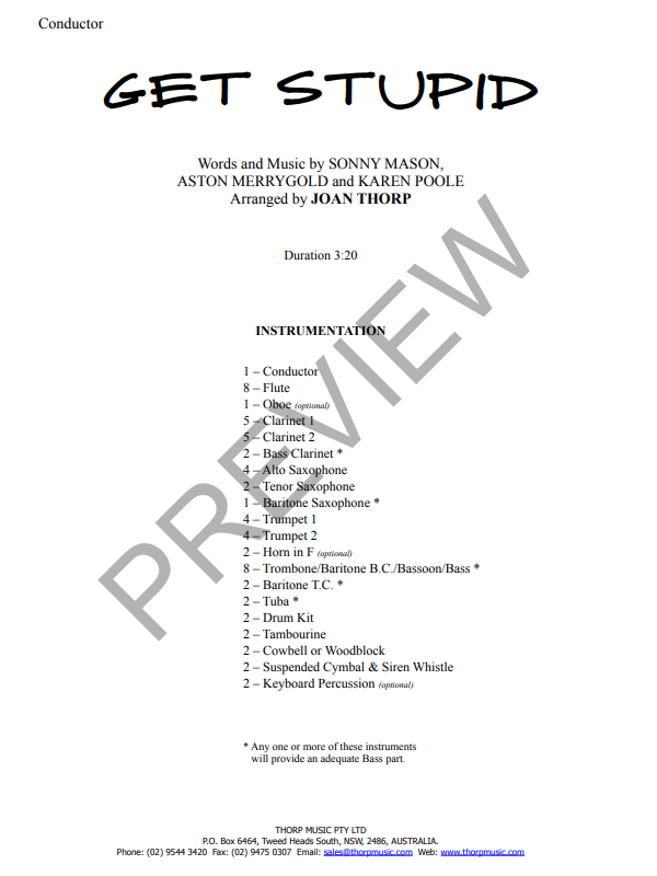 Get Stupid, Arr. Joan Thorp Concert Band Grade 1.5