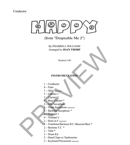 Happy (from "Despicable Me 2"), Arr. Joan Thorp Concert Band Grade 1.5-Concert Band-Thorp Music-Engadine Music