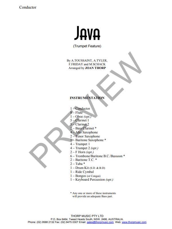 Java, Arr. Joan Thorp Concert Band Grade 1.5
