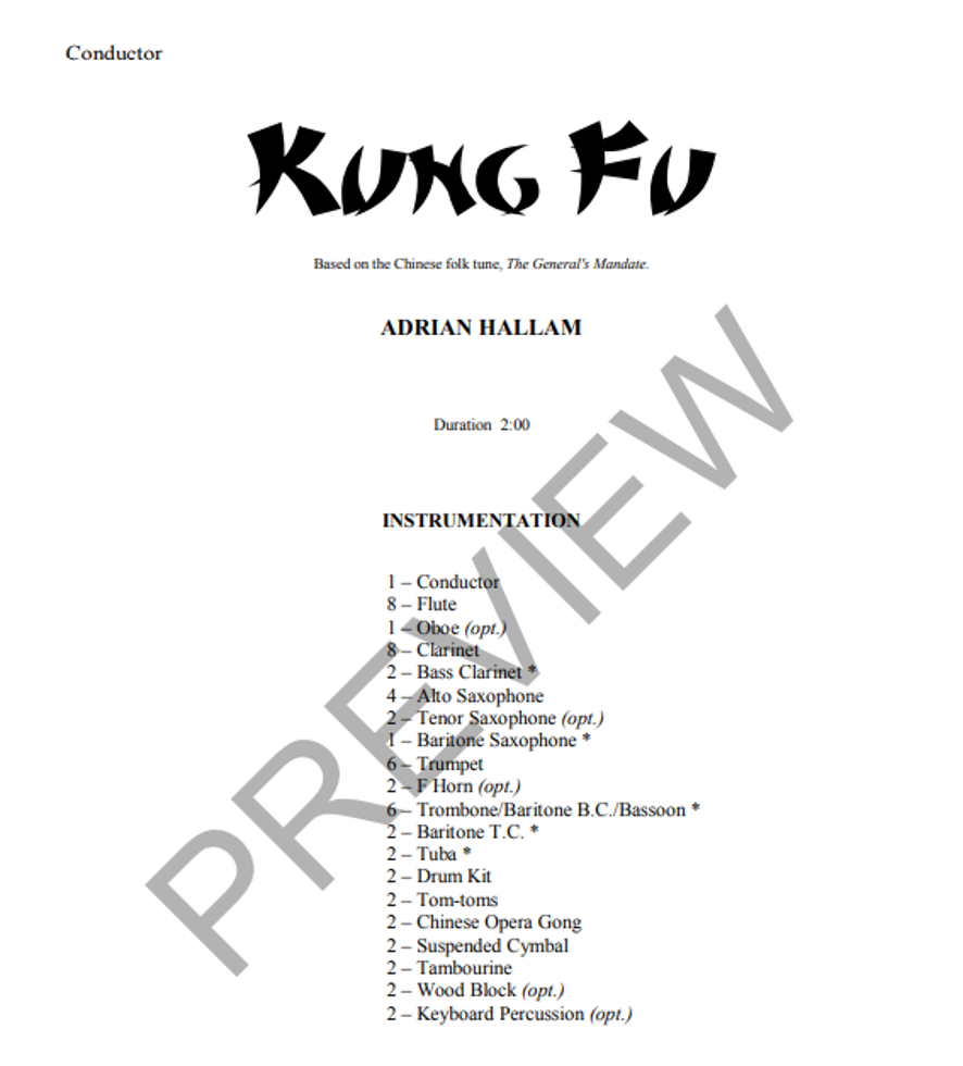 Kung Fu, Adrian Hallam Concert Band Grade 1-Concert Band-Thorp Music-Engadine Music