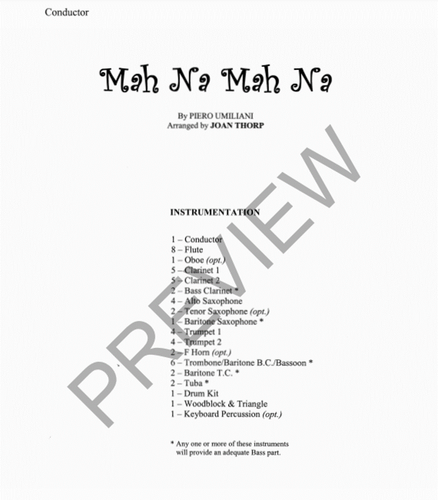 Mah Na Mah Na, Arr. Joan Thorp Concert Band Grade 1.5-Concert Band-Thorp Music-Engadine Music