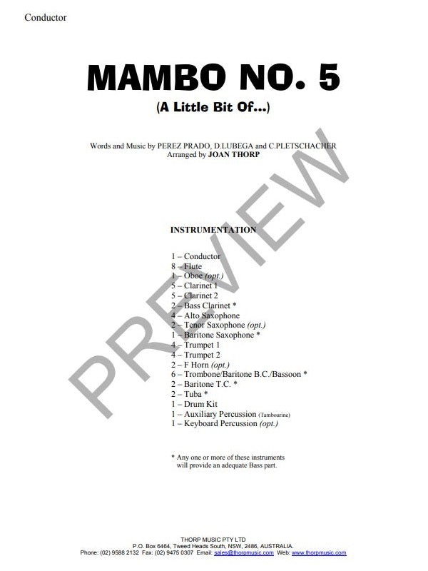 Mambo No.5 (A Little Bit Of...), Arr. Joan Thorp Concert Band Grade 1.5