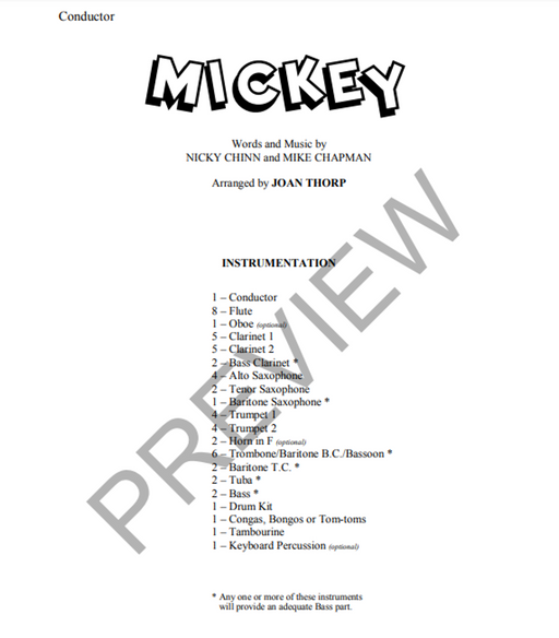Mickey, Arr. Joan Thorp Concert Band Grade 1.5-Concert Band-Thorp Music-Engadine Music