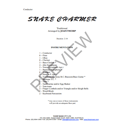 Snake Charmer, Arr. Joan Thorp Concert Band Chart Grade 1-Concert Band Chart-Thorp Music-Engadine Music