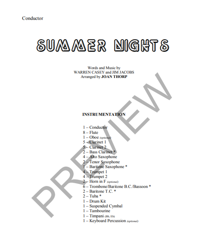 Summer Nights, Arr. Joan Thorp Concert Band Grade 1.5-Concert Band-Thorp Music-Engadine Music