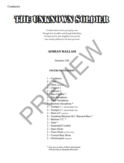 The Unknown Soldier, Adrian Hallam Concert Band Grade 1.5-Concert Band-Thorp Music-Engadine Music