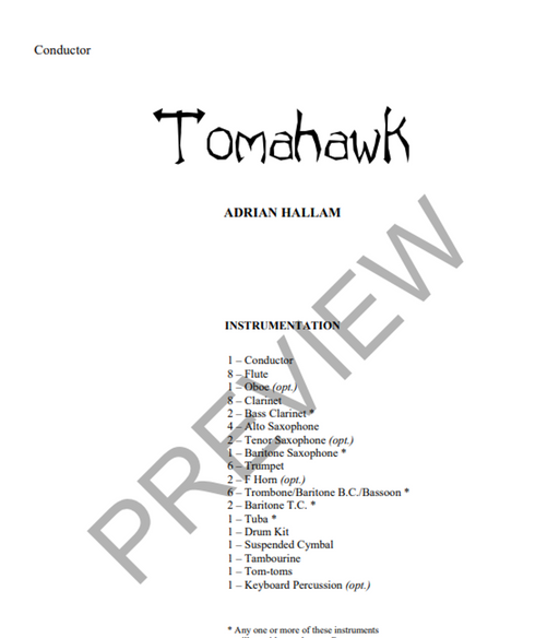 Tomahawk, Arr. Adrian Hallam Concert Band Grade 1-Concert Band-Thorp Music-Engadine Music