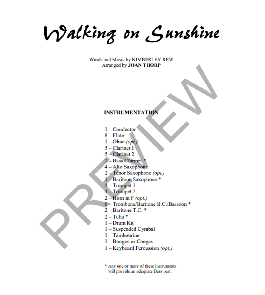 Walking On Sunshine, Arr. Joan Thorp Concert Band Grade 1.5-Concert Band-Thorp Music-Engadine Music