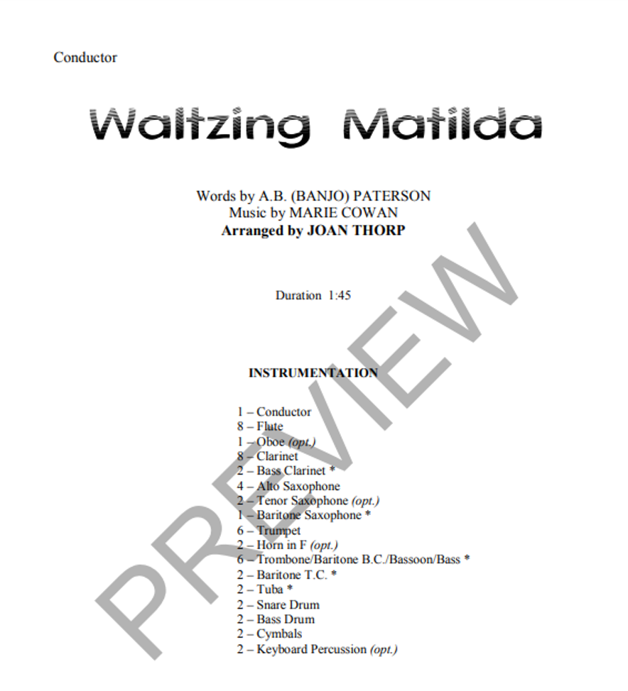 Waltzing Matilda, Arranger Joan Thorp Concert Band Grade 1-Concert Band-Thorp Music-Engadine Music